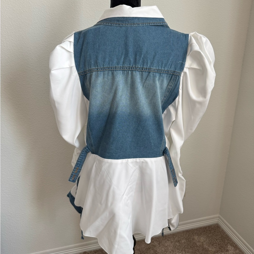 Denim and White Button Down Shirt with puffy sleeves - Picture 2 of 5